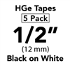 Brother HGE2315PK Black on White HGe Tape with Standard Adhesive 12mm x 8m (1/2" x 26'2") Pack of 5