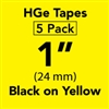 Brother HGE6515PK Black on Yellow HGe Tape with Standard Adhesive 24mm x 8m (1" x 26'2") Pack of 5