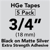 Brother HGEM9415PK Black on Matte Silver HGe Tape with Standard Adhesive 18mm x 8m (3/4" x 26'2") Pack of 5