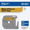 Brother M831 Black on Gold Non-Laminated Tape 12mm x 8m (1/2" x 26'2" long)