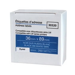 Dymo LW Compatible Address Labels Black on White 1 1/8" x 3 1/2" (28mm x 89mm) (260 Labels Per Roll, 2 Rolls Per Box) - 30320