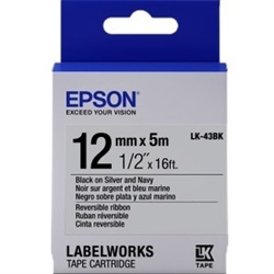 Epson LabelWorks LK 1/2" (12mm) x 16' (5m) Black on Silver & Navy Reversible Ribbon Tape - LK-43BK