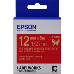 Epson LabelWorks LK 1/2" (12mm) x 16' (5m) Gold on Red Ribbon Tape - LK-4RKK