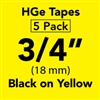 Brother HGE6415PK Black on Yellow HGe Tape with Standard Adhesive 18mm x 8m (3/4" x 26'2") Pack of 5