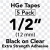 Brother HGES1315PK Black on Clear High Grade Tape 12mm x 8m (1/2" x 26'2") Pack of 5