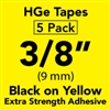 Brother HGES6215PK Black on Yellow High Grade Tape 9mm x 8m (3/8" x 26'2") Pack of 5