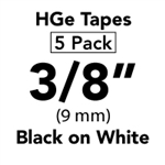 Brother HGE2215PK Black on White HGe Tape with Standard Adhesive 9mm x 8m (3/8" x 26'2") Pack of 5