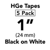 Brother HGE2515PK Black on White HGe Tape with Standard Adhesive 24mm x 8m (1" x 26'2") Pack of 5