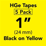 Brother HGE6515PK Black on Yellow HGe Tape with Standard Adhesive 24mm x 8m (1" x 26'2") Pack of 5