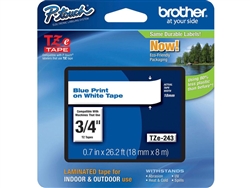 Brother TZe243 Blue on White Laminated Tape for Indoor and Outdoor Use 18mm x 8m (3/4" x 26'2") (Pack of 2)