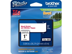 Brother TZe252 Red on White Laminated Tape for Indoor and Outdoor Use 24mm x 8m ( 1" x 26'2") (Pack of 2)