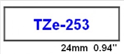 Brother TZe253 Blue on White Laminated Tape for Indoor and Outdoor Use 24mm x 8m ( 1" x 26'2") 