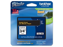 Brother TZe344 Gold on Black Laminated Tape for Indoor and Outdoor Use 18mm x 8m (3/4" x 26'2") (Pack of 2)