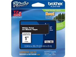 Brother TZe355 White on Black Laminated Tape for Indoor and Outdoor Use 24mm x 8m ( 1" x 26'2") (pack of 2)