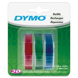 Dymo LT 3D Embossing Tape White on Blue/Green/Red 3-Pack 3/8" x 9'5" (9mm x 3m) - 1741671