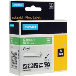 Dymo IND Permanent Vinyl Labels White on Green 1/2" x 18' (12mm x 5m)  - 1805414