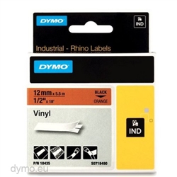 Dymo IND Permanent Vinyl Labels Black on Orange 1/2" x 18' (12mm x 5m)  - 18435