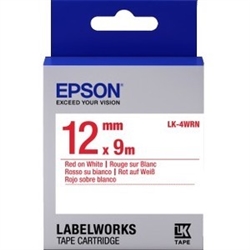 Epson LabelWorks LK 1/2" (12mm) x 30' (9m) Red on White Standard Tape - LK-4WRN
